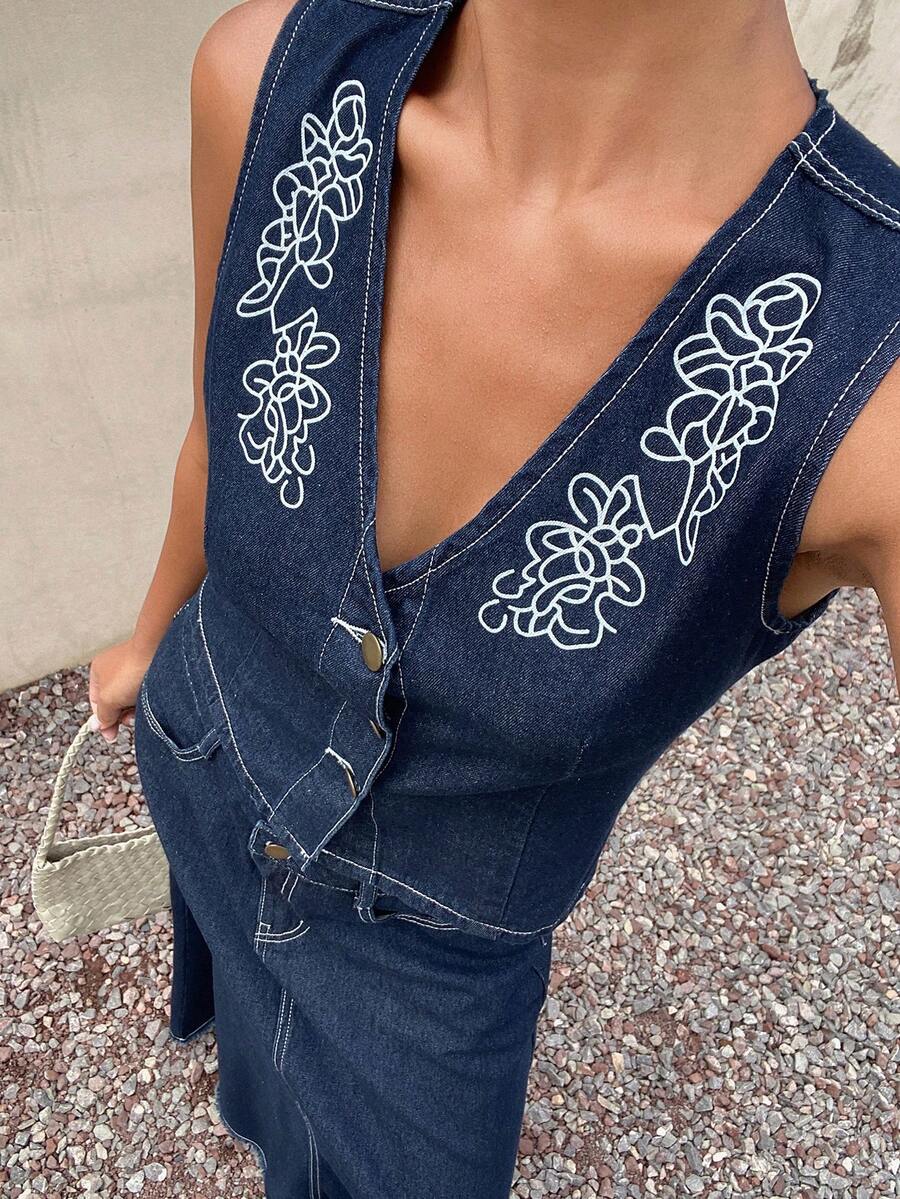 Livesso Bộ đồ 2 món dành cho nữ: Áo vest in hoa và chân váy denim dài chấm đất. - Màu xanh lam - Xem 1