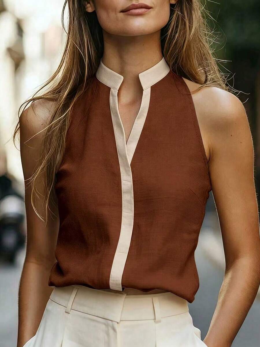 EMERY ROSE Áo không tay cổ phối màu tương phản dành cho nữ - màu nâu - Xem 1