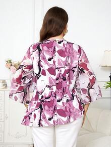 Reflora Plus Size Elegant All-Over Print Ruched Flare Sleeve Blouse, Summer Fall - Multicolor - View 2