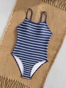 SHEIN Tween Girl Colorblock Striped Print Casual One-Piece Swimsuit - Navy Blue - View 7