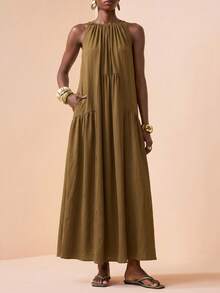 Zivah 2026 Summer New Arrival Bohemian Style Elegant Olive Green Sleeveless Loose Maxi Dress Vacation - Mustard Yellow - View 6