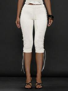 MUSERA Quần legging lửng nữ màu trơn buộc dây, kiểu dáng thường ngày, đa năng, thích hợp cho mùa đông và Giáng sinh. - trắng - Xem 2