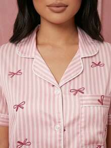 Zazumi 2-Piece Pajama Set Short-Sleeved Shorts Striped Bow Print Casual Women's Home Wear Set - Pink - View 4