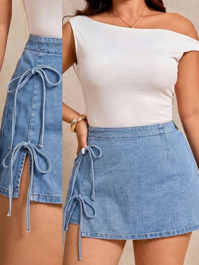 Elaquor 2026 New Arrive, Casual Resort, Vacation Style Plus Size Women Casual Side Bow Versatile Denim Mini Skirt, Summer Outfits, Soft Comfortable Cotton Denim Fabric