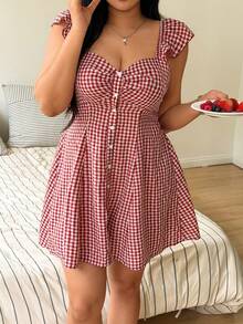 Sunnyshic Summer Red Plaid Cap Sleeve Waist Cinched Short A-Line Dress, Retro French Style Slimming Tea Length Dress - Red - View 5