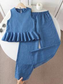 SHEIN Bộ 2 áo không tay bèo nhún và quần ống rộng cho bé gái, trang phục thường ngày cho kỳ nghỉ - Màu xanh lam - Xem 3