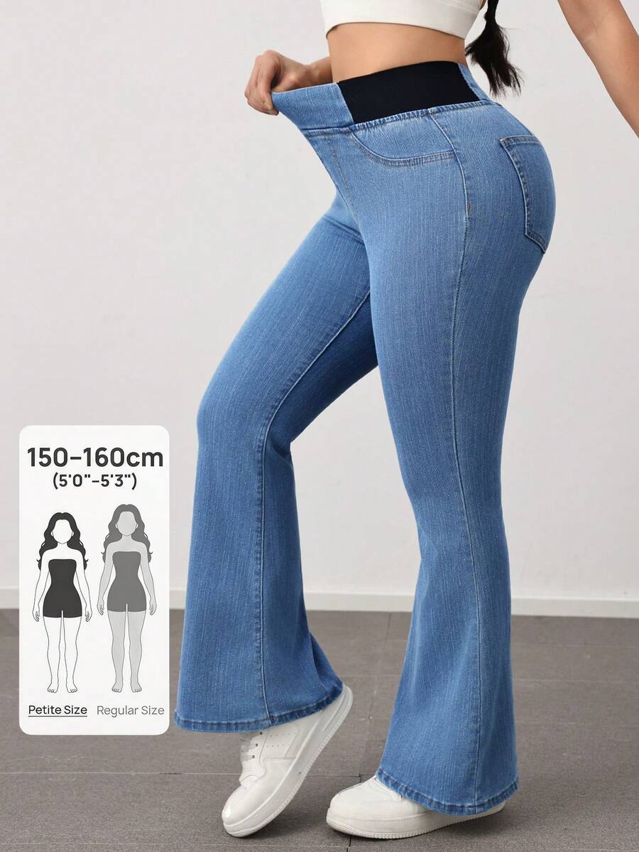 SHEIN PETITE Quần ống loe cạp cao co giãn dành cho nữ, trang phục thường ngày thanh lịch mùa hè cho nữ, quần jean xanh ôm sát ống loe thoải mái, chất liệu denim co giãn cao, trang phục công sở mùa hè, phong cách quyến rũ. - Màu xanh lam - Xem 1