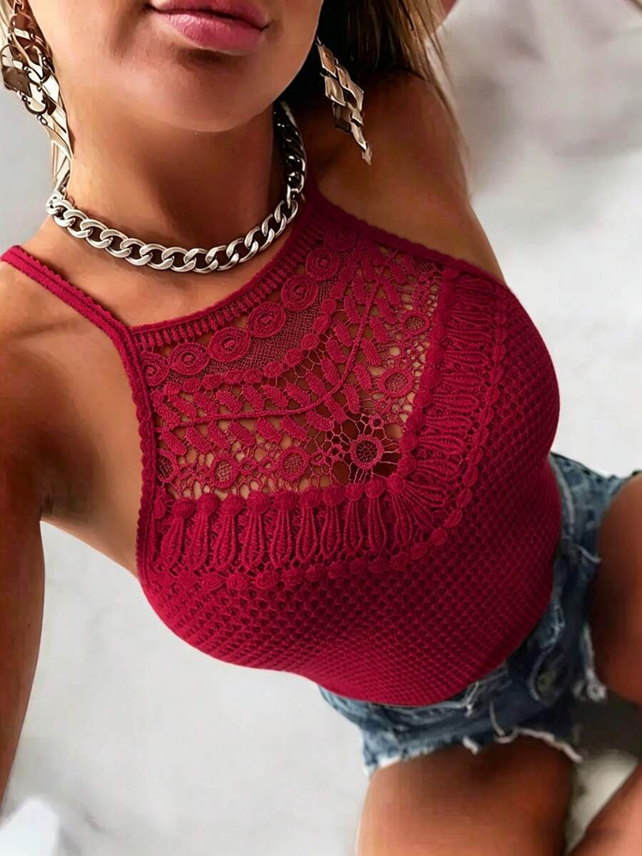 EMERY ROSE Áo hai dây ôm sát bằng vải voan mỏng phối ren mỏng dành cho nữ mùa hè - Đỏ - Xem 1