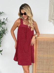 Easowa Đầm ngắn không tay mùa hè dáng casual dành cho nữ, họa tiết chấm bi, phối ren tương phản. - Màu Đỏ Sâu - Xem 4