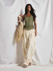 MUSERA V Neck Button Through Tailored Style Fringed Tassle Hem Top Cute Holiday Sexy Night Out Vacation Spring Summer Elegant Soleil Drape - Khaki - View 3
