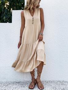 EMERY ROSE Button Detail Layered Hem Smock Dress Maxi Women Outfit - Apricot - View 7