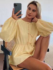 DAZY Blusa holgada con lazo para mujer - Amarillo claro - Ver 5