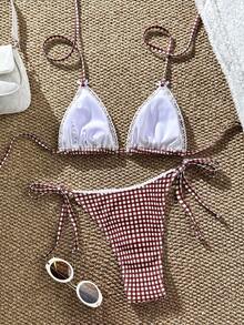 Swim Mod 女士夏季沙滩度假格子印花荷叶边蝴蝶结露背性感比基尼套装 - 紅白色 - 查看 2
