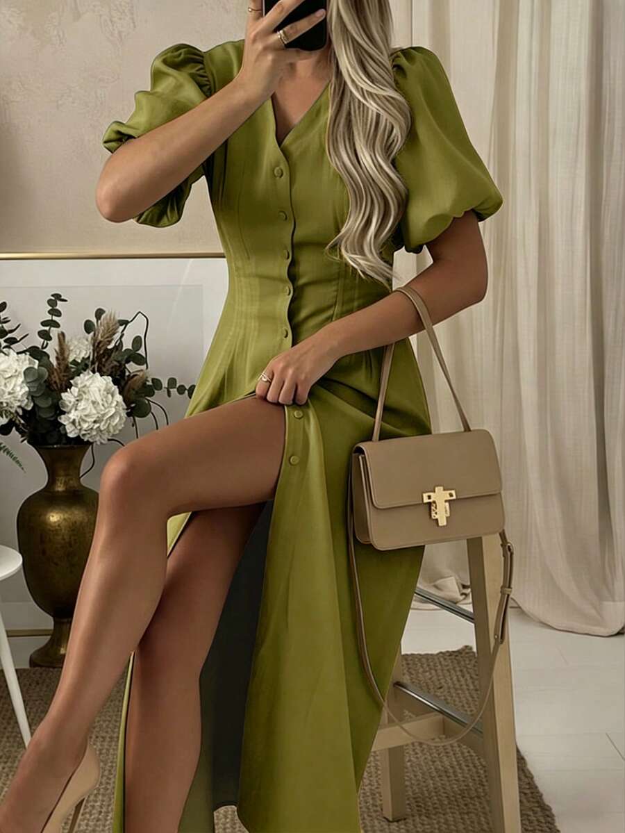 EMERY ROSE Đầm đơn hàng cúc dành cho nữ, phong cách nghỉ dưỡng. - xanh quân đội - Xem 1