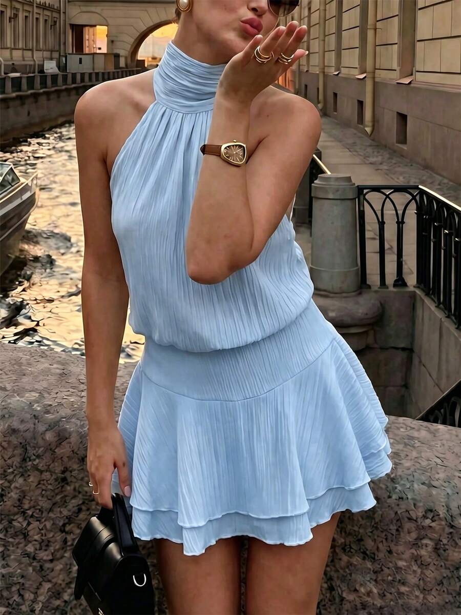 Pariaura Halter Tie Waist Dress, Textured Fabric With Back Big Bow & Double Ruffle Hem - Blue - View 1