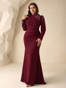 Coutiva Plus Size Women's Elegant Rhinestone Embellished Ruched Waist Dress With Train, Suitable For Spring And Autumn - Burgundy - View 5