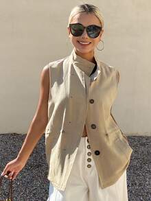 Livesso Áo vest nữ cổ đứng màu trơn, cài một hàng khuy, kiểu dáng thường ngày đa năng. - Màu Khaki - Xem 3