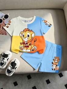 SHEIN Playful Pals 男婴可爱卡通动物拼接撞色圆领T恤和印花短裤套装，适合夏季，适合6个月至3岁的宝宝，沙滩度假风，休闲度假风，适合拍照、日常穿着、外出、街拍、节日庆典、送礼。 - 彩色 - 查看 2