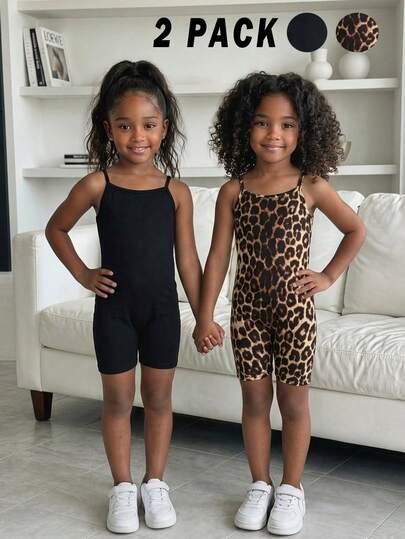SHEIN Young Girl Casual Street Fashion Leopard Print Camisole Jumpsuit, Leopard Print & Black 2-Piece Set