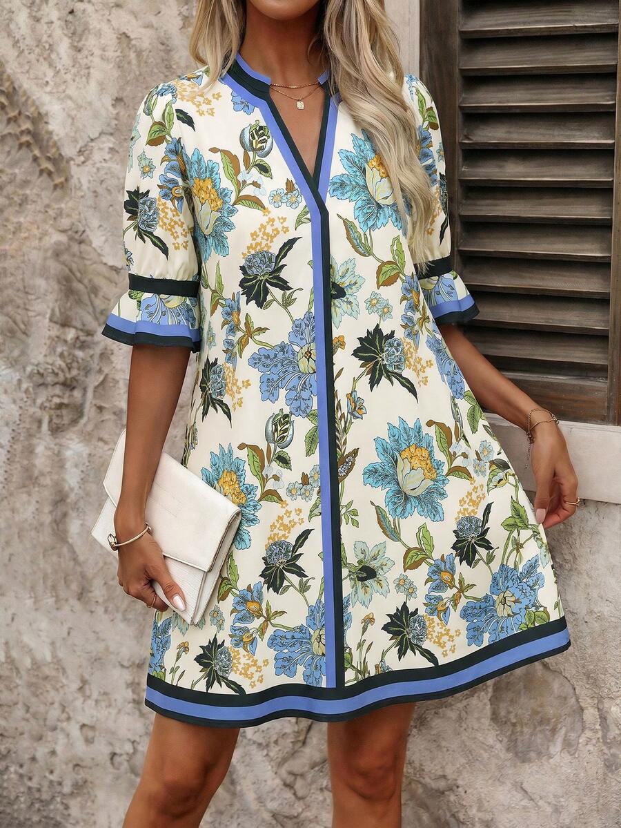 SHEIN Clasi 女士V领荷叶袖短袖数码印花复古优雅碎花迷你连衣裙，适合度假、通勤、外出、夏季日常穿着
