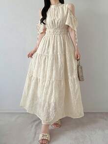FRIFUL Vestido de mujer elegante y de moda con hombros abiertos y bordado, vestidos de verano para mujeres - Rosa - Ver 5