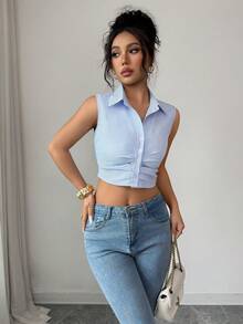 Elenzga Camisa sin mangas de rayas azules y blancas con fruncido en la cintura, nueva llegada de verano para mujer, adecuada para vacaciones en la playa y el té de la tarde - Azul - Ver 4