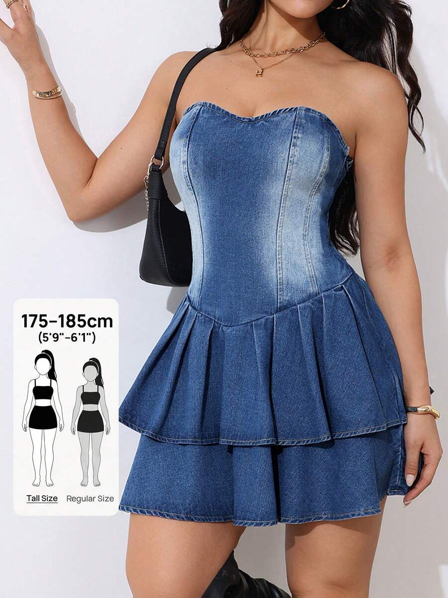 SHEIN Tall Vestido corto de mezclilla sin tirantes con volantes para mujer, atuendos casuales de verano y de fiesta para mujeres, vestido corto de mezclilla sexy sin tirantes de moda para mujer, verano - Azul lavado oscuro - Ver 1
