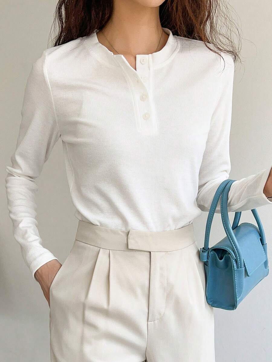 DAZY Quarter Button Rib Knit Tee,Fall Clothes Long Sleeve Women Tops - White - View 1