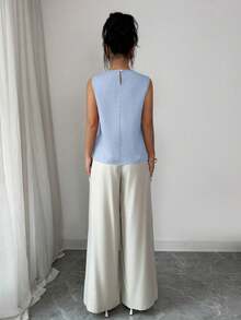 Selianne 2pcs/Set Women's Summer Elegant Work Outfit,Bamboo Fiber Sleeveless Top & Wide Leg Pants,Light Blue And White Dual-Color Casual Commuter Top & Pants - Blue - View 2