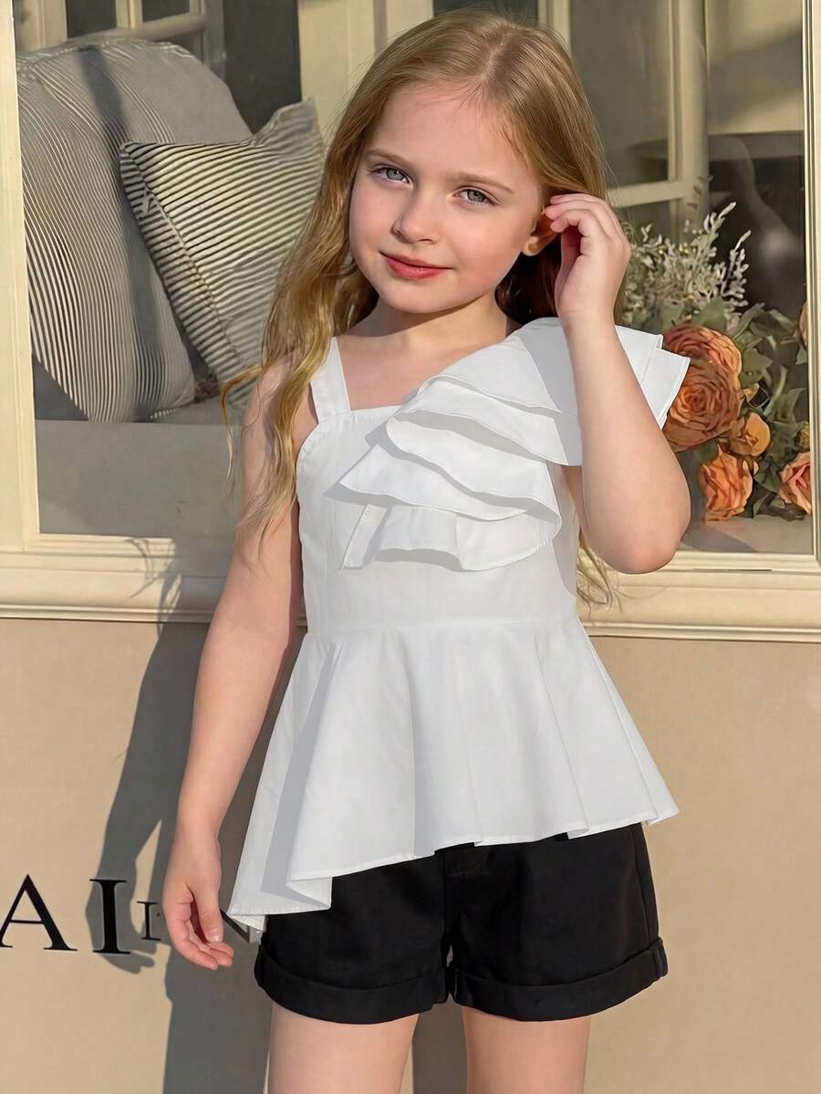 SHEIN Camisa de unicolor con dobladillo asimétrico y adorno de volantes 3D para niña joven, primavera/verano - Blanco - Ver 1