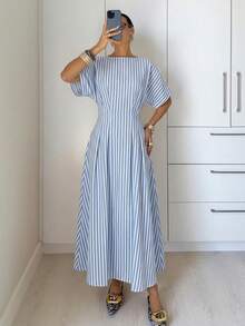 Siren Gaze Đầm dài nữ tối giản, cổ tròn, thắt eo, kẻ sọc, thích hợp cho công sở, mùa hè. - Xanh và trắng - Xem 2