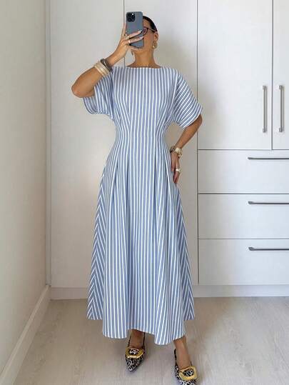 Siren Gaze Women's Minimalist Commuter Striped Round Neck Waist Cinched Long Dress, Summer