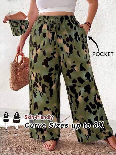 SHEIN CURVE+ Plus Size Women Drawstring Waist All-Over Print Casual Versatile Wide Leg Pants