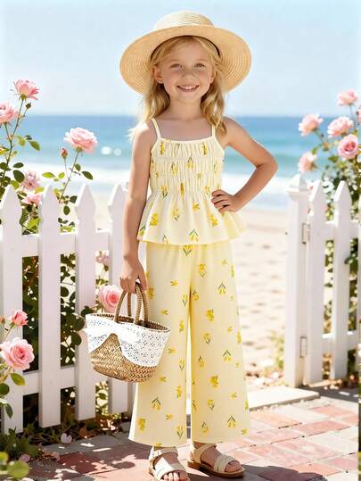 SHEIN Elladie kids 女童杏色碎花蝴蝶结吊带背心和直筒裤夏季度假休闲套装，优雅又充满女人味