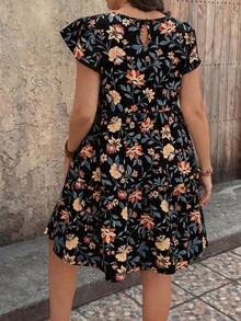 EMERY ROSE Damen Große Größen Kleid mit Blume Muster und locker sitzenden Ärmeln, lässiges Urlaubskleid für Frühling/Sommer - Schwarz - Übersicht 2