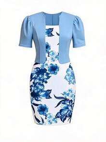 Ellevyn Women's Floral Print Dress And Solid Color Pleated Cardigan Casual Daily Outfit Set - Baby Blue - View 3