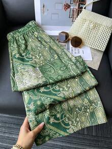 Women's Allover Print Elastic Waist Casual Versatile Daily Wear Pants - Green - View 1