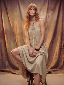 Fembélia Women's Simple Solid Color Backless Halter Neck Dress, Summer - Khaki - View 6