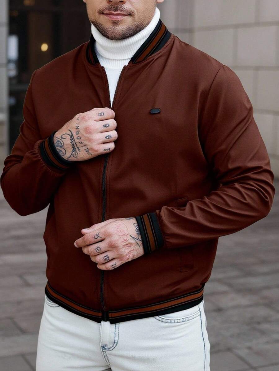 Manfinity CasualCool 男士棒球领撞色拉链休闲百搭日常长袖外套 - 咖啡棕 - 查看 1