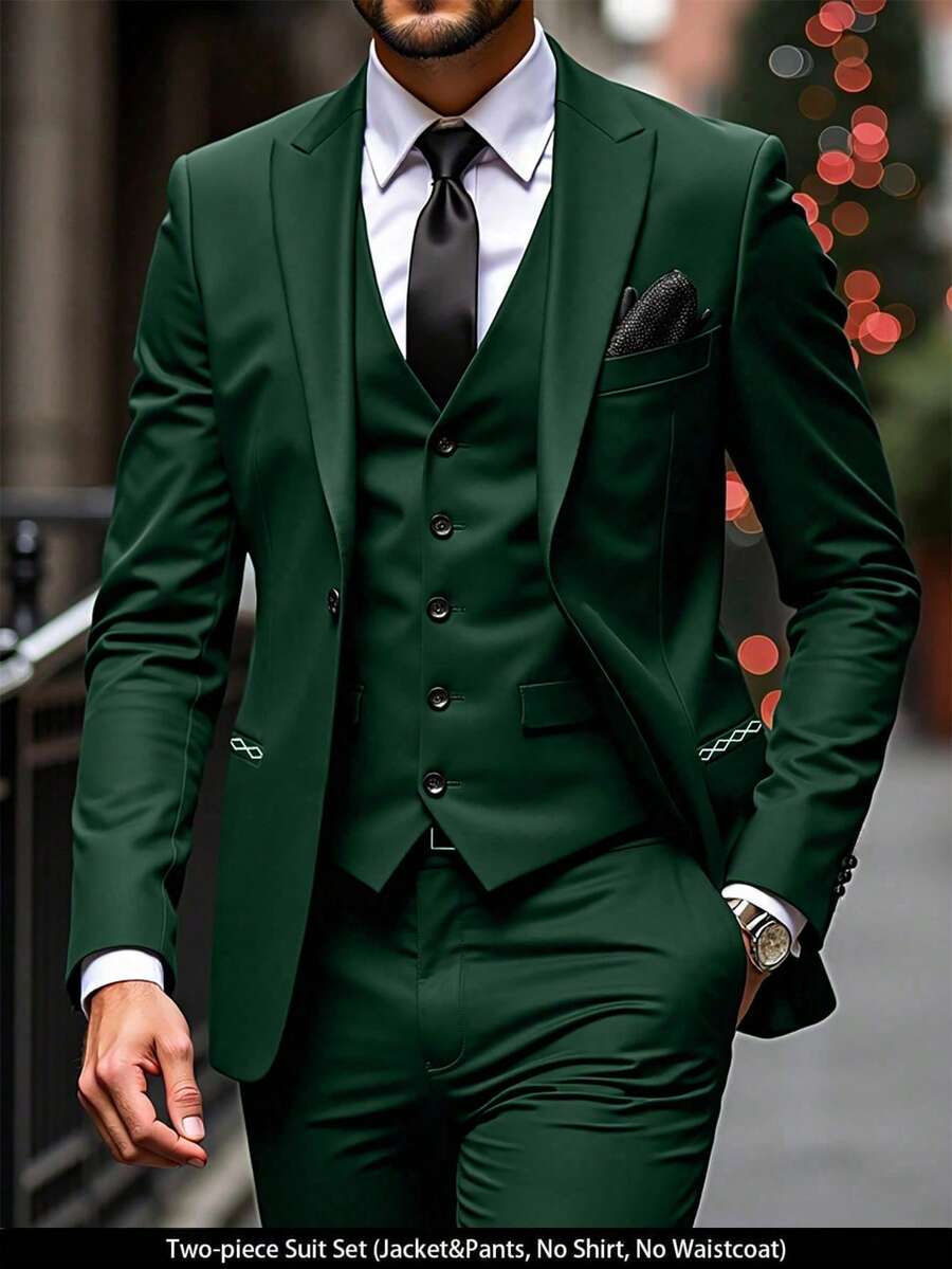 Manfinity Mode Men's Emerald Green 2 Pieces Suit: Stylish Blazer & Pants Tuxedo For Formal Occasions For Ceremony Formal - Dark Green - View 1