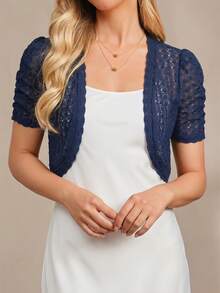 Amorya Women's Elegant Lace Short Sleeve Open Front Short Lightweight Jacket, Suitable For Daily Commute And Versatile Wear, Autumn/Winter - Navy Blue - View 5