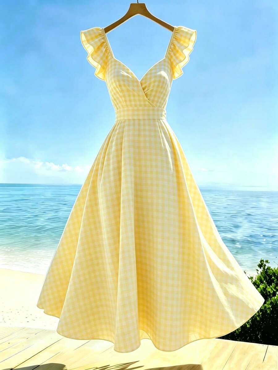 SHEIN Franclia Đầm nghỉ mát lãng mạn kiểu Pháp dành cho nữ, Đầm maxi tay bèo nhún, Đầm maxi không tay, Đầm tay ngắn, Đầm hè, Đầm maxi dáng chữ A cổ chữ V bèo nhún kẻ caro vàng trắng, Đầm maxi xòe kẻ caro vàng nhạt, Đầm maxi dài thướt tha dây bèo nhún, Đầm kẻ caro mùa hè, Đầm kẻ caro vàng trắng cho kỳ nghỉ biển, Đầm viền bèo nhún kiểu dã ngoại, Đầm cô gái thôn quê, Đầm cổ chữ V màu vàng nhạt mùa hè thường ngày, Trang phục mùa hè dành cho nữ. - Vàng nhạt - Xem 1