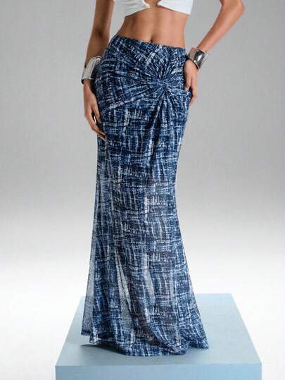 SHEIN Aveloria GENKIRA Women's Elastic Blue Tie-Dye Deconstructed Knot Design Mermaid Maxi Skirt, Suitable For Daily Commute