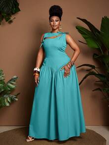 Maweii Plus Size Sexy Fitted Cutout Cinched Waist Sleeveless Dress - Teal Blue - View 2