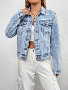SHEIN EZwear 女士纯色前扣口袋休闲长袖牛仔外套 - 淺色水洗藍 - 查看 6