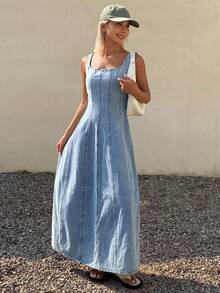 Livesso Đầm denim dự tiệc thường ngày dành cho nữ - Màu xanh lam - Xem 5