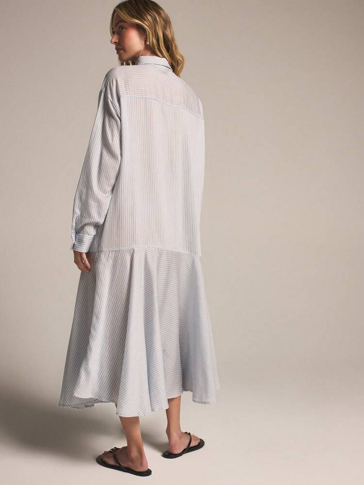 KSTM Striped Midi Shirt Dress With Bow Tie Collar Detail Long Sleeve Drop Waist Flare Hem Casual Day Dress