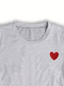 SHEIN Tween Girl Heart Embroidery Round Neck Short Sleeve T-Shirt And Elastic Waist Pants Cute Minimalist Set, Suitable For Spring/Summer - Grey - View 6