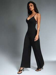 Denimoi Mono sin mangas de pierna ancha con escote bajo sexy para uso diario, brunch y vacaciones - Negro - Ver 1