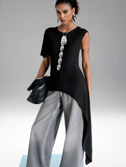 SHEIN Aveloria GENKIRA Asymmetric Asymmetrical Ribbon Design Fitted Slimming Round Neck Short Sleeve T-Shirt, European And American Style Chic Midi Top For Women